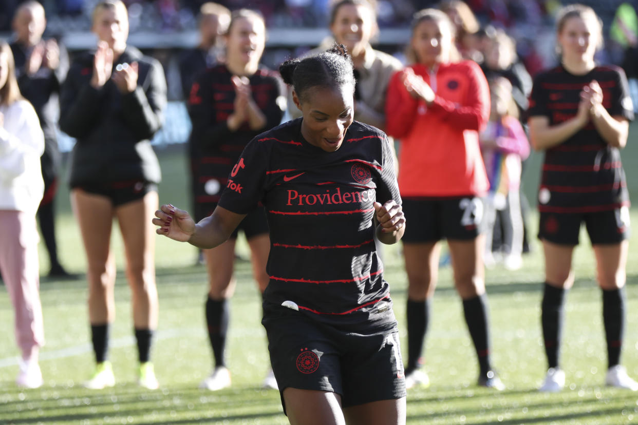 PORTLAND, OREGON - OCTOBER 23: Crystal Dunn #19 of Portland Thorns FC celebrates her goal following her team's win over San Diego Wave FC in the NWSL semifinals at Providence Park on October 23, 2022 in Portland, Oregon. (Photo by Amanda Loman/Getty Images)