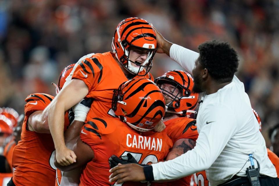 Cincinnati Bengals kicker Evan McPherson reacts after kicking the game-winning field goal (Michael Conroy/AP) (AP)