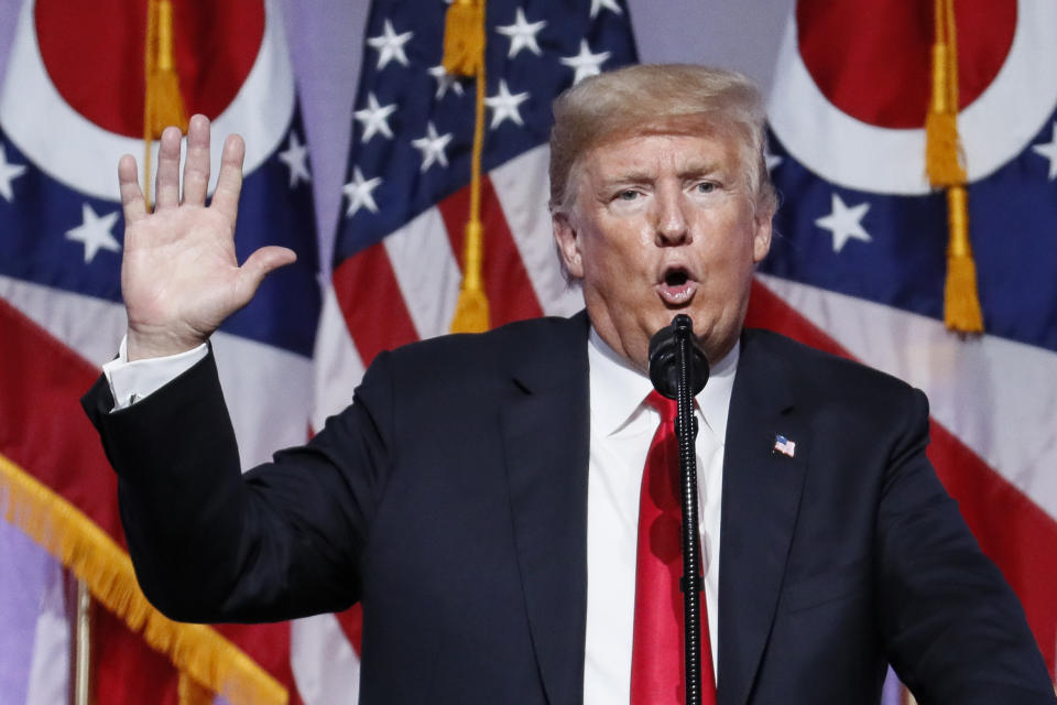 President Donald Trump speaks during the 2018 Ohio Republican Party State Dinner, Friday, Aug. 24, 2018, in Columbus, Ohio. (AP Photo/John Minchillo)