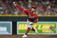 Cincinnati Reds pitcher Lucas Sims throws in the eighth inning of a baseball game against the Baltimore Orioles, Saturday, May 4, 2024, in Cincinnati. (AP Photo/Carolyn Kaster)