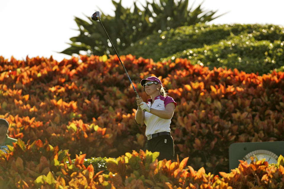 FILE - Annika Sorenstam, from Sweden, watchers her tee shot on the 18th hole during the first round of the LPGA ADT Championship at the Trump International Golf Club, Thursday, Nov. 20, 2008, in West Palm Beach, Fla. That was the last LPGA event at the Florida club. Next year it will host a Ladies European Tour event. (AP Photo/J Pat Carter, File)