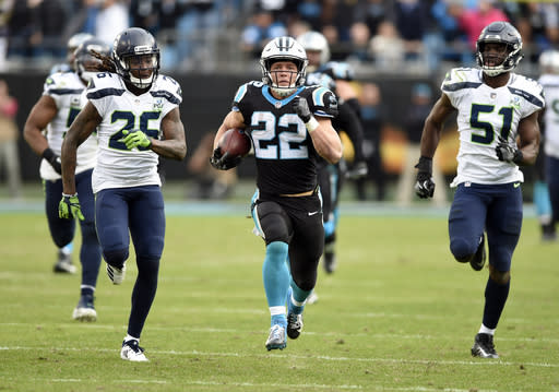 Christian McCaffrey posted fantasy’s Game of the Year in Week 12 (AP Photo/Mike McCarn)