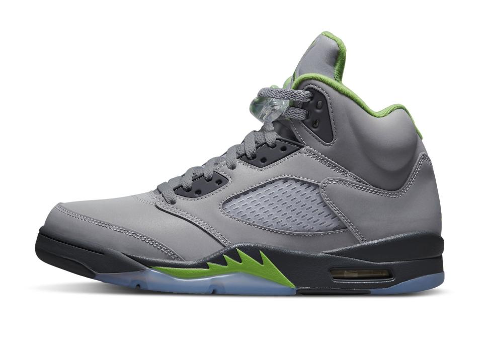 The lateral side of the Air Jordan 5 “Green Bean.”