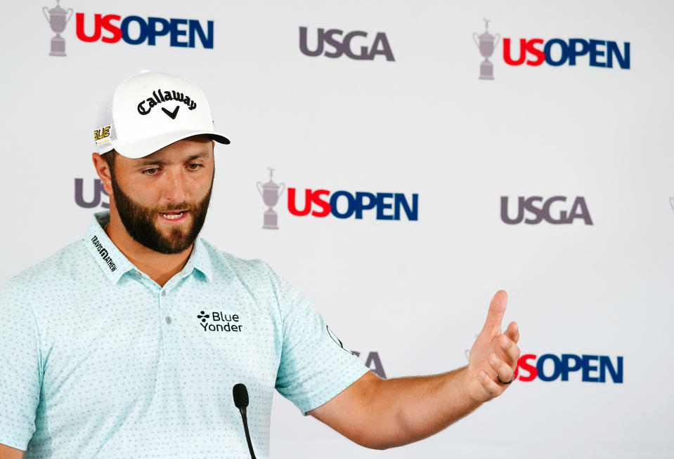 Jun 14, 2022; Brookline, Massachusetts, USA; Jon Rahm addresses the media during a press conference for the U.S. Open golf tournament at The Country Club. Mandatory Credit: John David Mercer-USA TODAY Sports