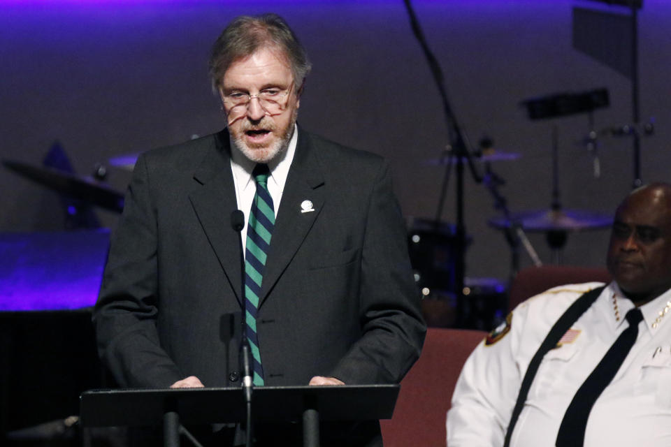Brookhaven, Miss., Mayor Joe Cox speaks during funeral services Thursday, Oct. 4, 2018, for Brookhaven Police Corporal Zach Moak at Easthaven Baptist Church in Brookhaven, Miss. Moak and officer James White were killed early Saturday, Sept. 30, responding to a call. (AP Photo/Rogelio V. Solis)