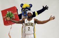 <p>Guess Rodney got Stuckey doing this photo with Boomer the Panther. (AP) </p>