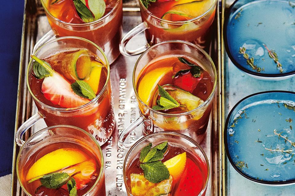 Pimm’s and iced tea are a winning flavor combo for a summer gathering on the sand. Just scale the recipe up to your desired amount and garnish with strawberries, cucumber ribbons, and fragrant mint sprigs. <a href="https://www.epicurious.com/recipes/food/views/pimms-iced-tea-51198800?mbid=synd_yahoo_rss" rel="nofollow noopener" target="_blank" data-ylk="slk:See recipe.;elm:context_link;itc:0" class="link ">See recipe.</a>