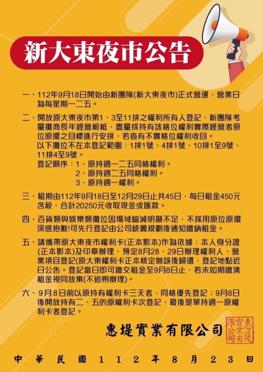 大東東夜市收費公告。讀者提供