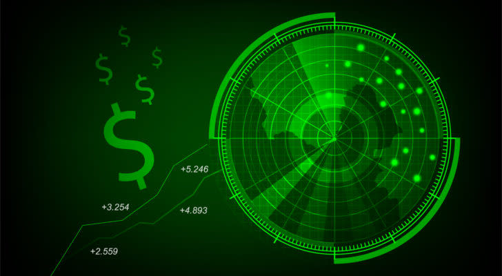 An abstract image of a radar next to growing stock charts.