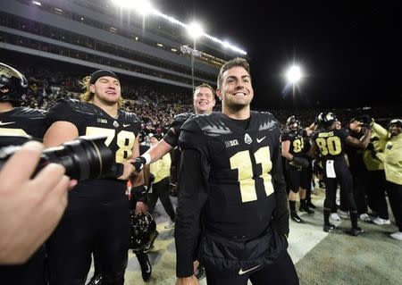 Oct 20, 2018; West Lafayette, IN, USA; Purdue Boilermaker starting quarterback David Blough (11) celebrates after they defeated Ohio State Buckeyes, 49-20 at Ross-Ade Stadium. Mandatory Credit: Thomas J. Russo-USA TODAY Sports