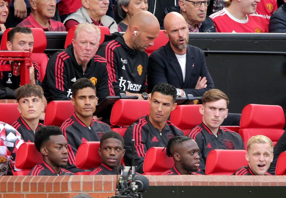 Erik ten Hag, back right, saw his new team beaten by Brighton (Ian Hodgson/PA) (PA Wire)