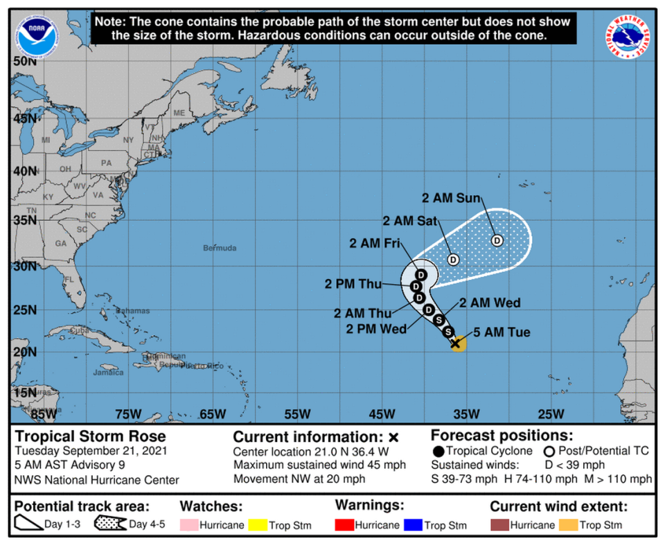 Tropical Storm Rose is racing northwest at 20 mph and could degrade to a tropical depression as soon as Wednesday.