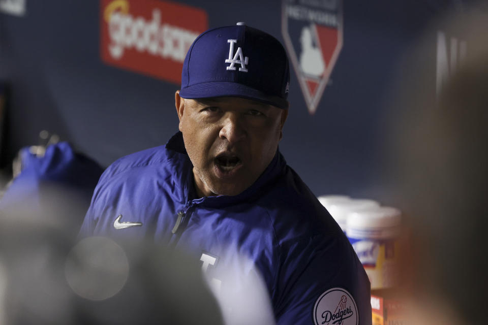 Los Angeles, CA - October 11: Los Angeles Dodgers manager Dave Roberts yells from the dugout during game three of the 2021 National League Division Series at Dodger Stadium against the San Francisco Giants on Monday, Oct. 11, 2021 in Los Angeles, CA. The Giants won 1-0. (Robert Gauthier / Los Angeles Times via Getty Images)