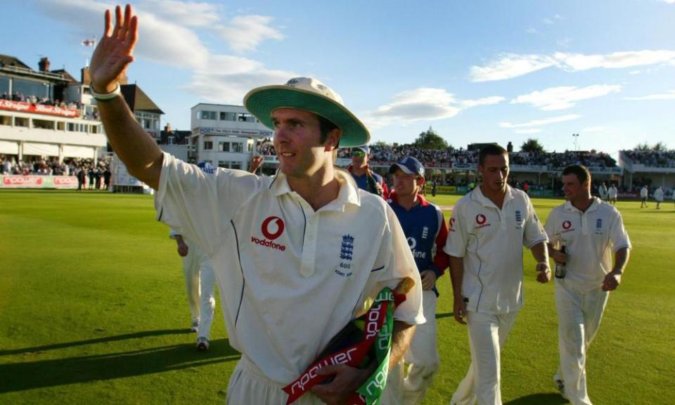 Michael Vaughan waves to the crowd after beating Australia in the fourth Test at Trent Bridge in 2005.