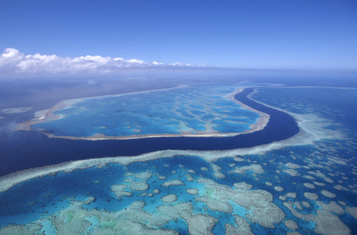 An aerial view of the Great Barrier Reef, showing it separated from the coastline by a wide ribbon of ocean stretching for miles into the distance.  (Getty Images)