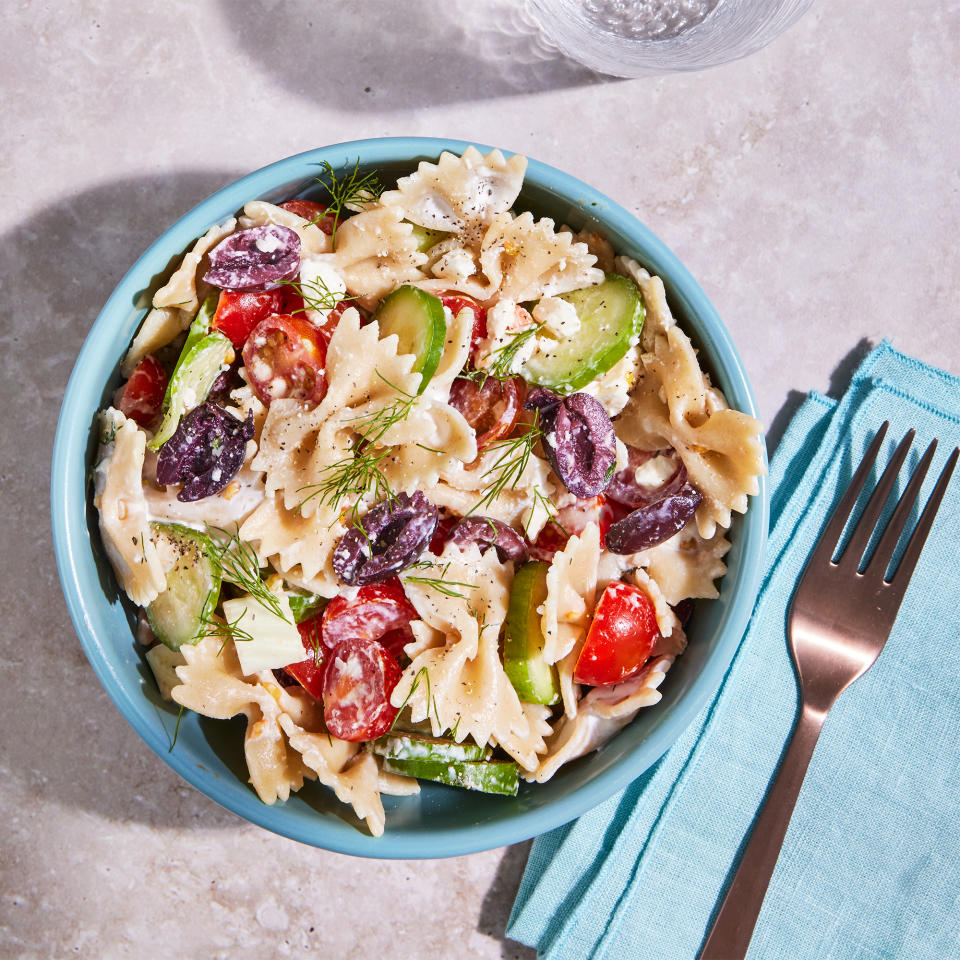 Creamy Tomato, Cucumber & Feta Pasta Salad