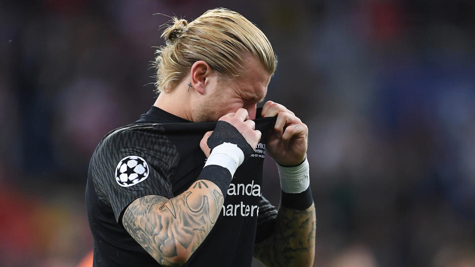 Karius was distraught after Liverpool’s Champions League final defeat. Pic: Getty