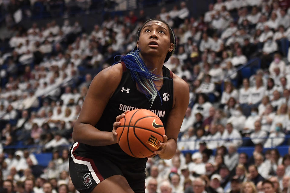 South Carolina's Aliyah Boston shoots against UConn on Feb. 5, 2023. (AP Photo/Jessica Hill)