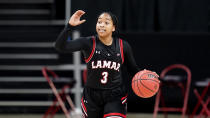 Lamar guard Sabria Dean (3) looks to drives the lane against Texas A&M during the first half of an NCAA college basketball game Wednesday, Nov. 25, 2020, in College Station, Texas. (AP Photo/Sam Craft)