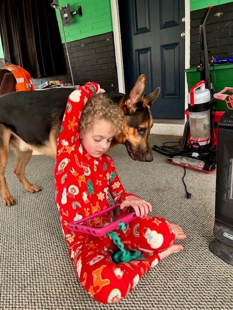 Hank helping 8-year-old Harrison Brimner of Aliquippa, who has nonfunctioning autism. The service dog is one of five dogs awarded for Canine Excellence in the category of Service Dog this year by the American Kennel Club.
