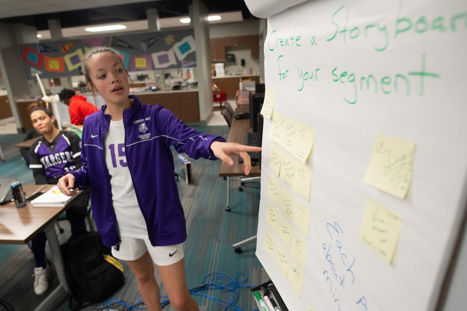 Topeka West junior Ainsley Schimmel shows off a play her TCALC class created for a virtual touring experience for third-graders in March.