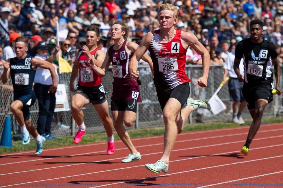 Conemaugh Township's Ethan Black (#4) races to a gold medal in the 2A 100-meter dash at the PIAA Track and Field Championships at Shippensburg University Saturday, May 27, 2023. Black won in 10.55 and later won the 200-meter dash with a record 21.07 finish.