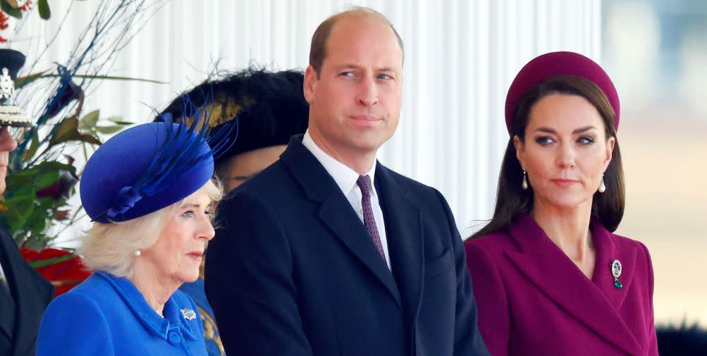 london, united kingdom   november 22 embargoed for publication in uk newspapers until 24 hours after create date and time camilla, queen consort, prince william, prince of wales and catherine, princess of wales attend the ceremonial welcome at horse guards parade for president cyril ramaphosa on day 1 of his state visit to the united kingdom on november 22, 2022 in london, england this is the first state visit hosted by the uk with king charles iii as monarch, and the first state visit here by a south african leader since 2010 photo by max mumbyindigogetty images