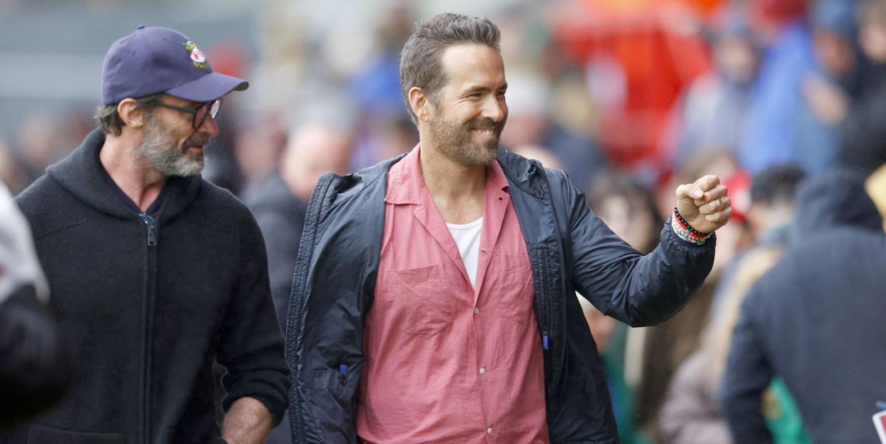 co owner of wrexham football club ryan reynolds and actor hugh jackman meet fans before the sky bet league two match between wrexham and milton keynes dons