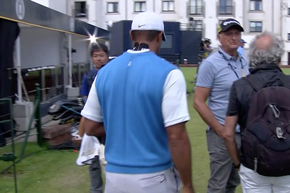 Tiger Woods sparked concern with tape on his neck. (via screenshot)