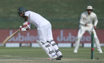 Pakistan's Sarfaraz Ahmed plays a shot against Australia during their test match in Abu Dhabi, United Arab Emirates, Thursday, Oct. 18, 2018. (AP Photo/Kamran Jebreili)