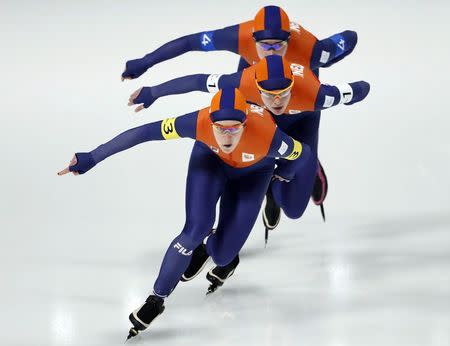 Speed Skating - Pyeongchang 2018 Winter Olympics - Women's Team Pursuit competition finals - Gangneung Oval - Gangneung, South Korea - February 21, 2018 - Marrit Leenstra, Ireen Wust and Antoinette de Jong of the Netherlands compete. REUTERS/Damir Sagolj