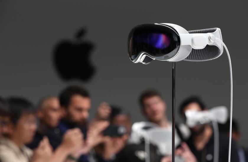 CUPERTINO, CALIFORNIA - JUNE 05: The new Apple Vision Pro headset is displayed during the Apple Worldwide Developers Conference on June 05, 2023 in Cupertino, California. Apple CEO Tim Cook kicked off the annual WWDC23 developer conference with the announcement of the new Apple Vision Pro mixed reality headset. (Photo by Justin Sullivan/Getty Images)