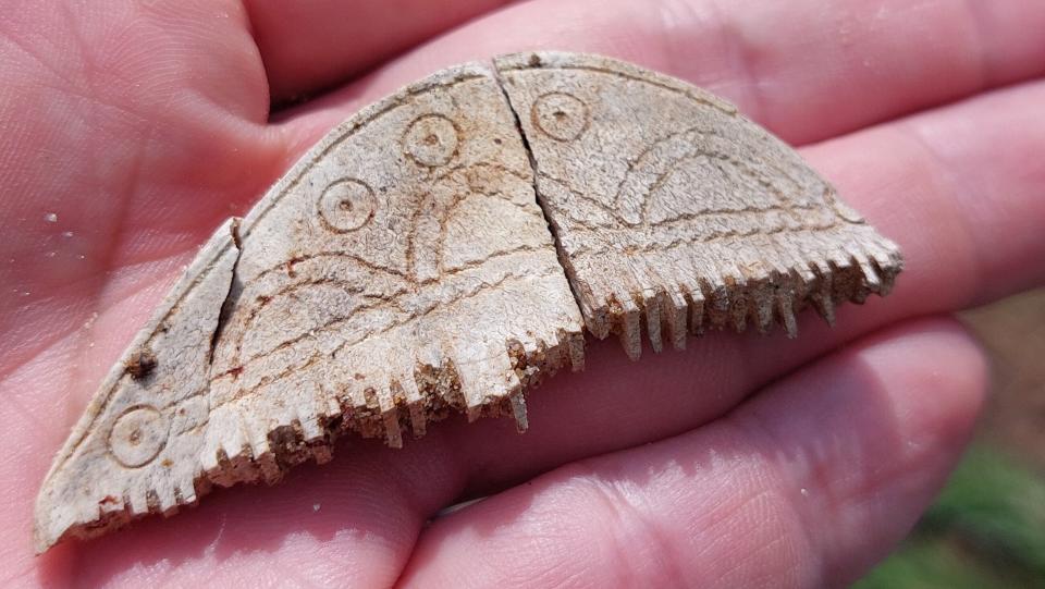 A comb-like carving with a snake-like design on it. The comb is shaped like half an oval. It is in a person's hand.