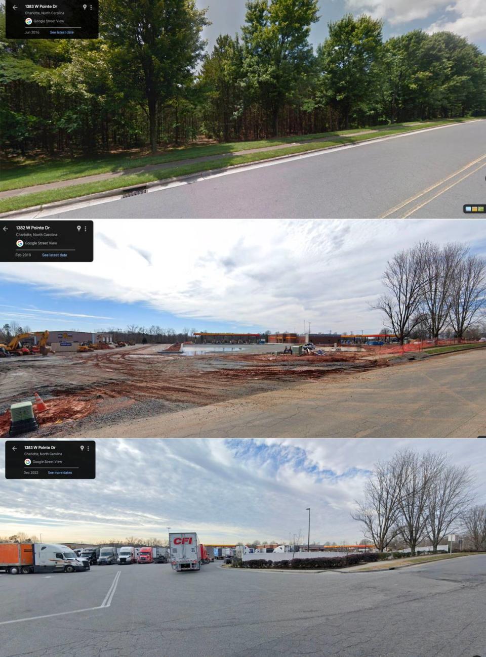 In 2017, developers building a Love’s Travel Stops & Country Store paid the city a fee of nearly $123,000 to avoid Charlotte’s onsite tree-saving rules. The shop is located on West Pointe Drive in east Charlotte, north of Interstate 85. Here are photos from 2016, when the lot was wooded; from 2019, when the site was under construction; and from 2022, after construction was finished. Google Map photos.