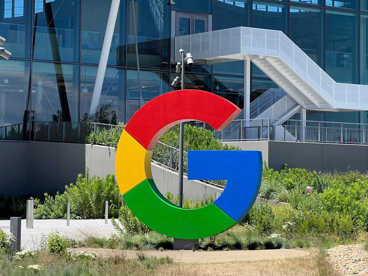 A signage is displayed outside Google's new Bay View campus on June 16, 2022 in Mountain View, California.