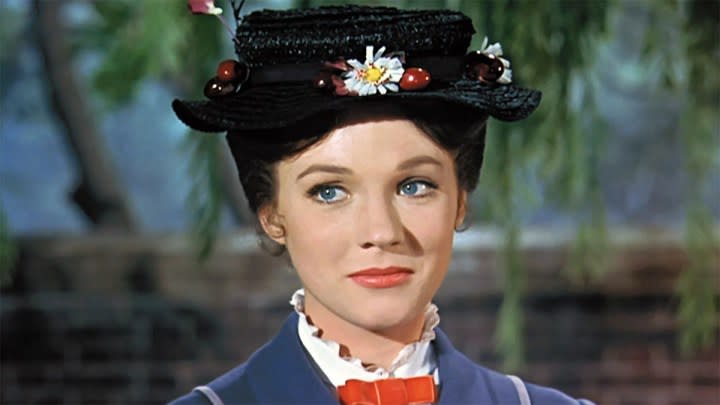 Julie Andrews slightly smiling in Mary Poppins.