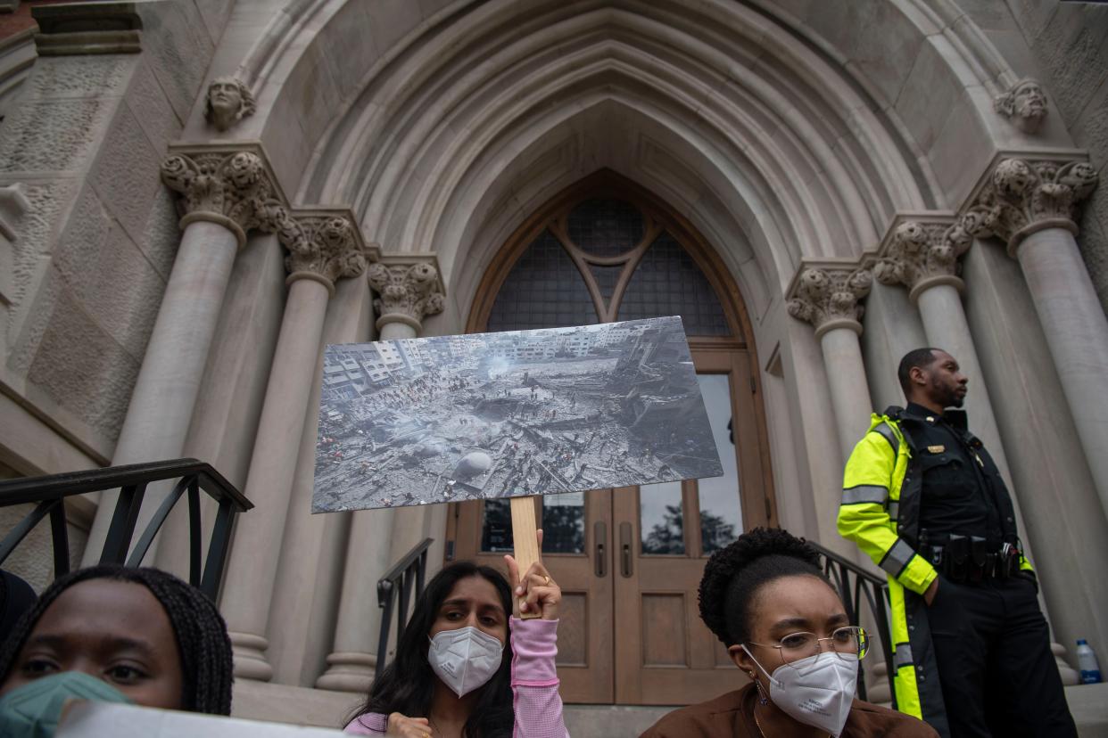 Students protest on the steps outside of Kirkland Hall at Vanderbilt University in Nashville , Tenn., Tuesday, March 26, 2024.