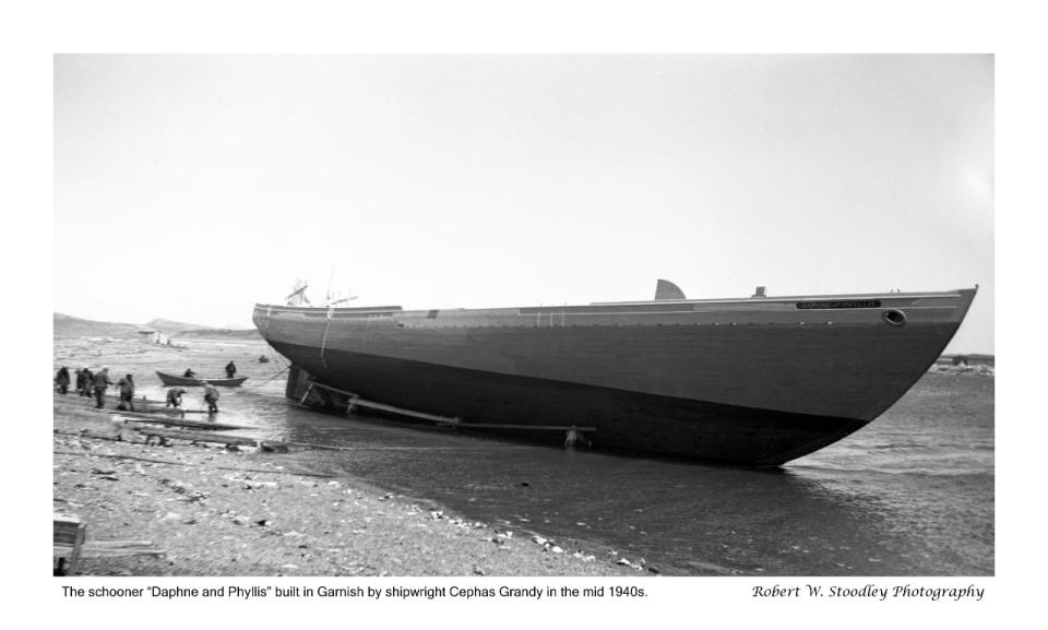 The "Daphne and Phyllis" was one of several larger banking schooners built by shipwright Cephas Grandy in the mid-1940s - the vessel was side-launched or as per local terminology "launched on her bilge", - instead of the traditional way of the hull sliding down an inclined slip-way, stern first.