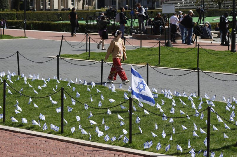 Israeli flags fill a patch of grass near the Pro-Palestinian encampment on the grounds of Columbia University in New York on Friday. Photo by John Angelillo/UPI