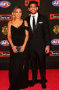 Hawks forward Cyril Rioli and partner Shannyn Rioli arrive at the Brownlol Medal ceremony.