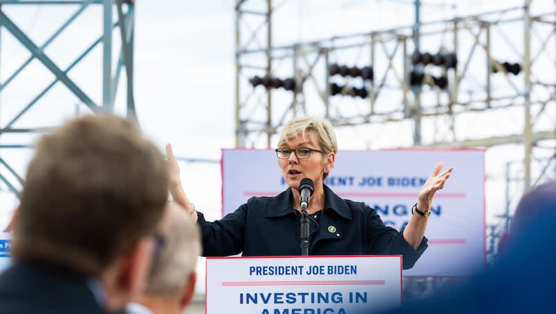 U.S. Department of Energy Secretary Jennifer M. Granholm speaks at an electric substation in South Salt Lake on Thursday, April 25, 2024. Granholm highlighted the Biden-Harris administration’s latest efforts to strengthen America’s electric grid, boost clean energy deployment, and support good-paying, high-quality jobs in Utah and across the nation.