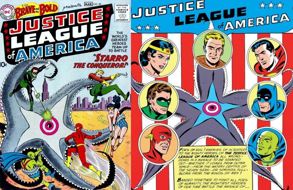 The original Silver Age lineup of the Justice League of America, in their first appearance in 1960's Brave and the Bold #28.