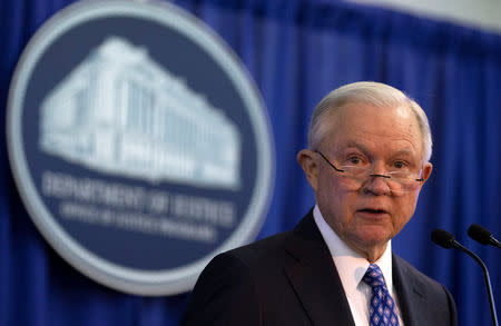 U.S. Attorney General Jeff Sessions delivers remarks to the Office of Justice Programs' National Institute of Justice Opioid Research Summit in Washington, U.S., September 25, 2018. REUTERS/Al Drago