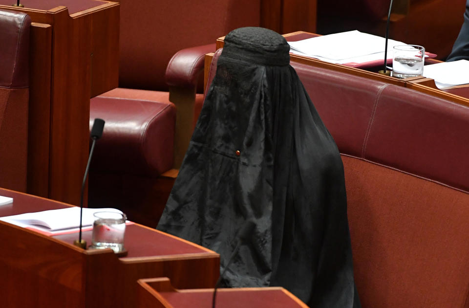 <em>Pauline Hanson wore a full Burka in the Australian senate chamber (Reuters)</em>