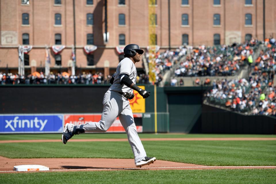 New York Yankees' Franchy Cordero rounds third base after hitting a home run in the fifth inning against the Baltimore Orioles on Sunday, April 9, 2023, in Baltimore. (AP Photo/Steve Ruark)