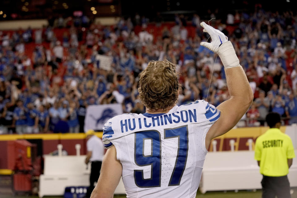 Detroit Lions defensive end Aidan Hutchinson celebrates following an NFL football game against the Kansas City Chiefs Thursday, Sept. 7, 2023, in Kansas City, Mo. The Lions won 21-20. (AP Photo/Charlie Riedel)