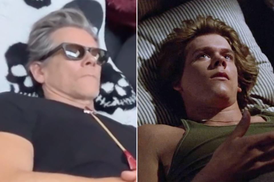 <p>Kevin Bacon/Instagram; Paramount Pictures/Warner Bros</p> (Left-right:) Kevin Bacon in a video shared to Instagram May 9; in 