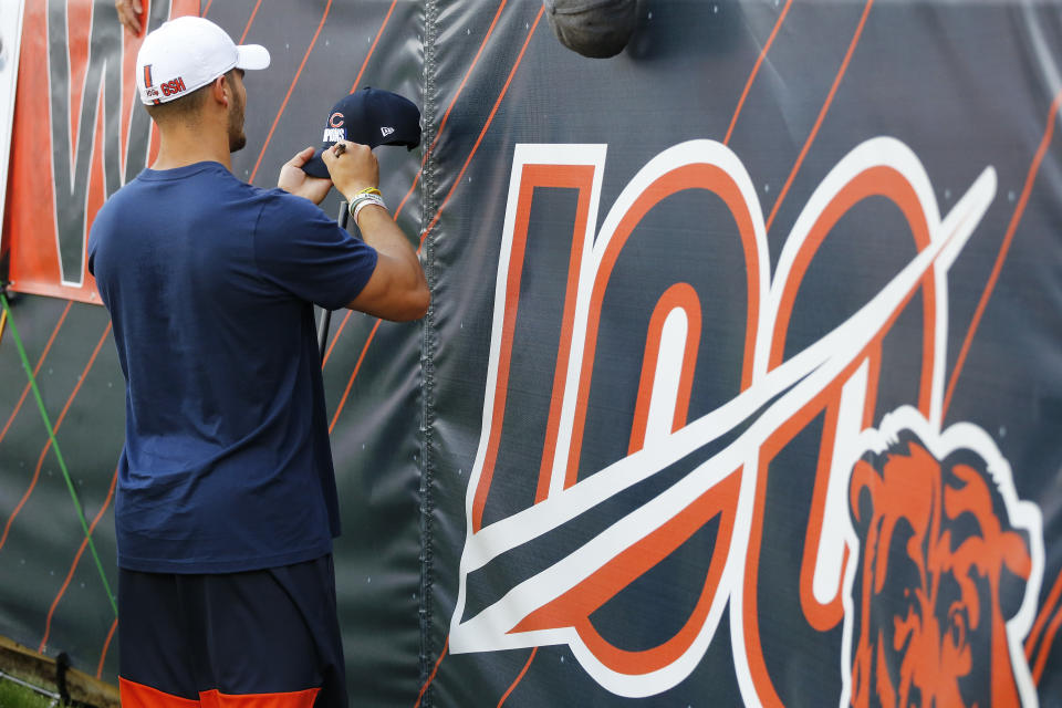 CHICAGO, ILLINOIS - AUGUST 29: Mitchell Trubisky #10 of the Chicago Bears signs autographs prior to a a preseason game against the Tennessee Titans at Soldier Field on August 29, 2019 in Chicago, Illinois. (Photo by Nuccio DiNuzzo/Getty Images)