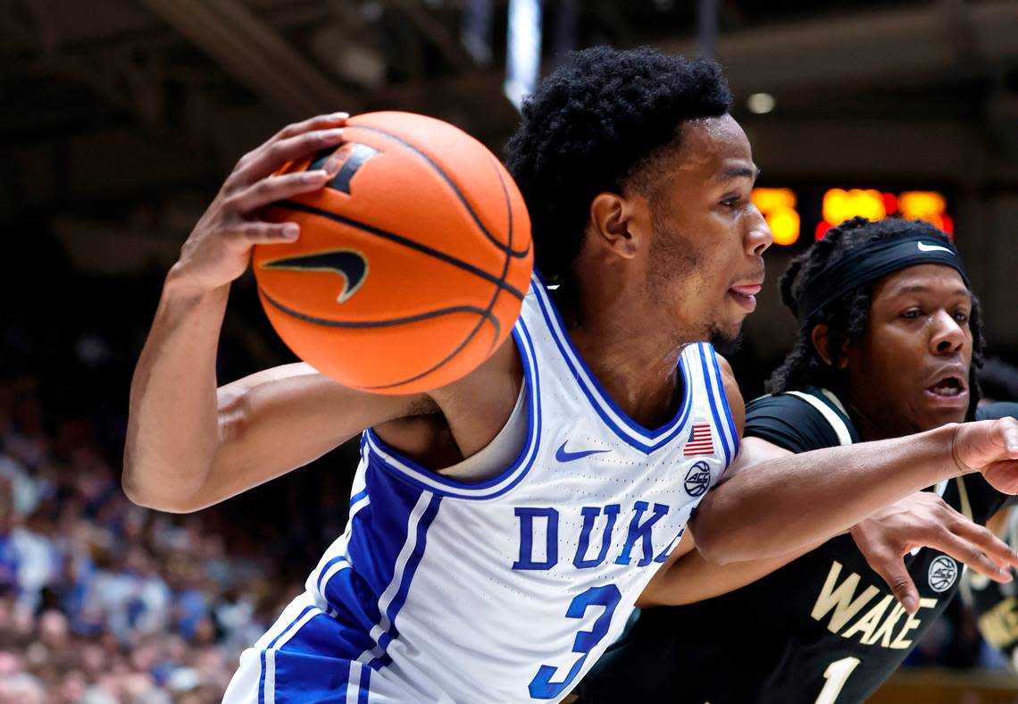 Duke’s Jeremy Roach (3) drives past Wake Forest’s Tyree Appleby (1) during the first half of Duke’s game against Wake Forest at Cameron Indoor Stadium in Durham, N.C., Tuesday, Jan. 31, 2023.