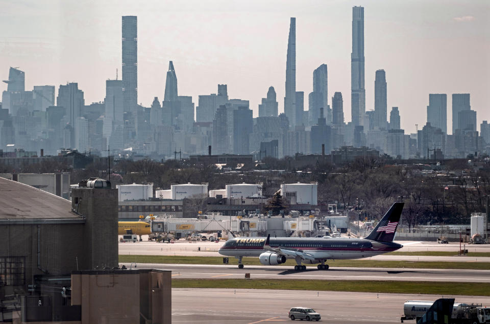 An aircraft carrying former President Donald Trump arrives at LaGuardia Airport in New York, Monday, April 3, 2023. (AP Photo/Craig Ruttle)